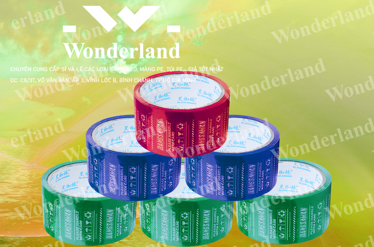 BĂNG KEO IN LOGO SIZE 70MM CHẤT LƯỢNG CAO, NHIỀU MÀU SẮC TẠI WONDERLAND