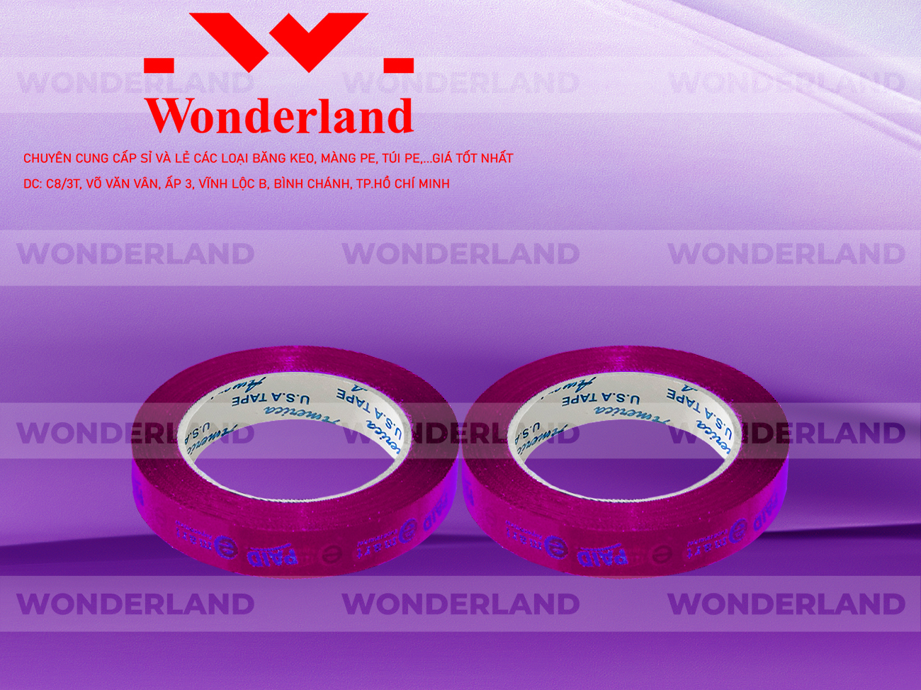 BĂNG KEO IN THEO YÊU CẦU DÁN LY 12MM NỀN TÍM HỒNG IN MÀU XANH DƯƠNG (MẪU 01) CHẤT LƯỢNG TẠI WONDERLAND